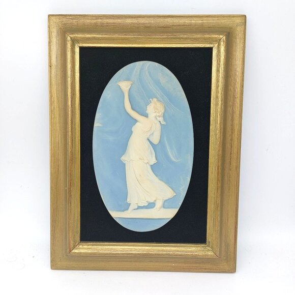 Vintage Victorian Woman Figure Holding Chalice Carved Stone Art Gilded Frame - Picture 1 of 4
